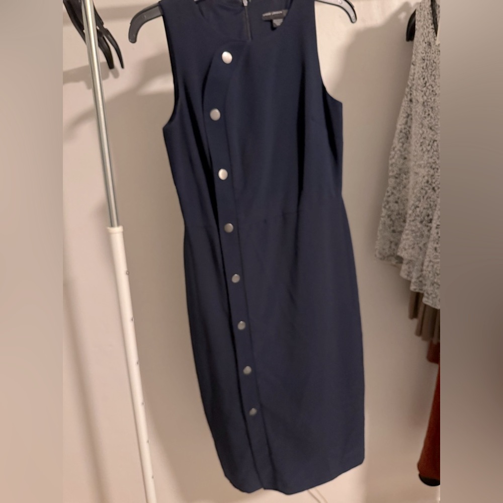 Navy sheath dress with decorative buttons